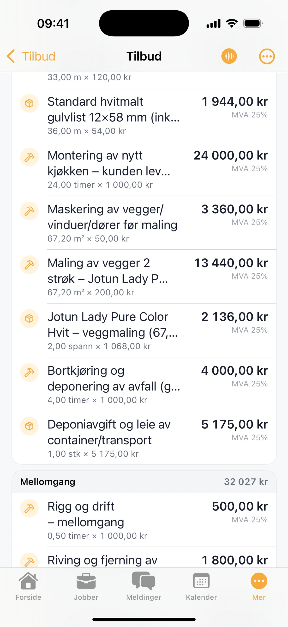 Rettholt: tilbud med linjer for materialer og arbeid, priser og MVA